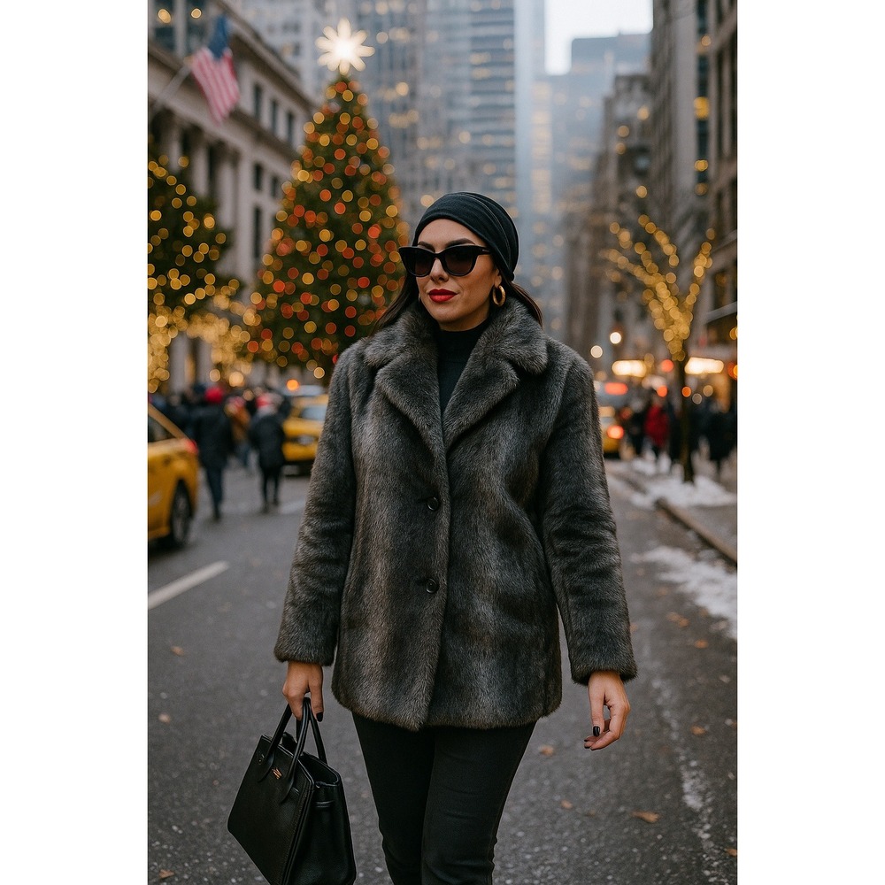 Boho Mobwife Holiday Glam Old Money Luxe Blanc Noir M Gray Stripe Faux‎ Fur Coat